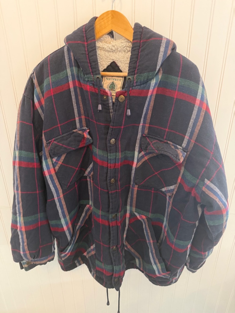 Northwest Territory Men’s Navy Plaid Sherpa-Lined Hooded Jacket Size XL